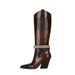 Side view of brown embellished pointed toe knee-high western boots.