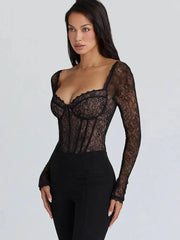 Floral lace square neck long sleeve romper side view