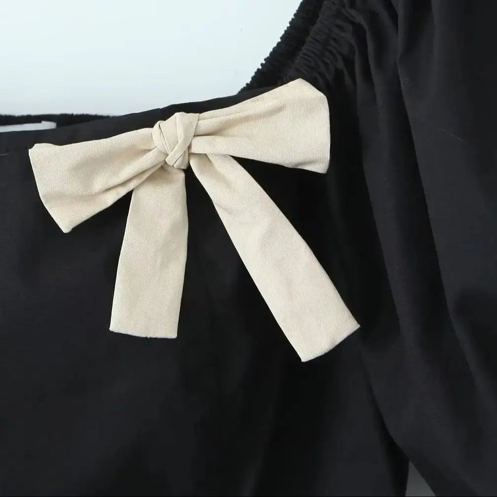Black Patchwork Bow Square Collar Puff Sleeve Blouse