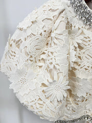 White Embroidered Flare Top And Midi Skirt with Crystal Embellishment Set