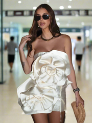 Satin Strapless Solid 3D Flower Mini Dress