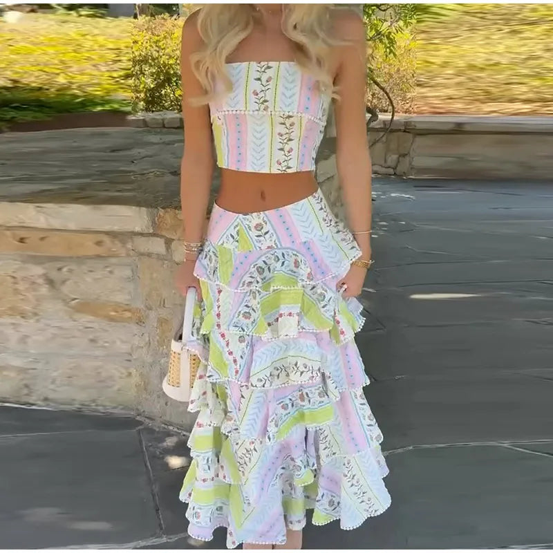Printed ruffled crop top and cascading ruffle maxi skirt set