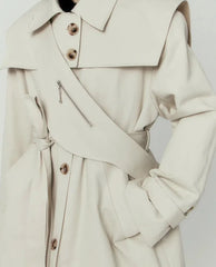 Removable Sailor Collar Big Pockets Belt Long Trench Coat