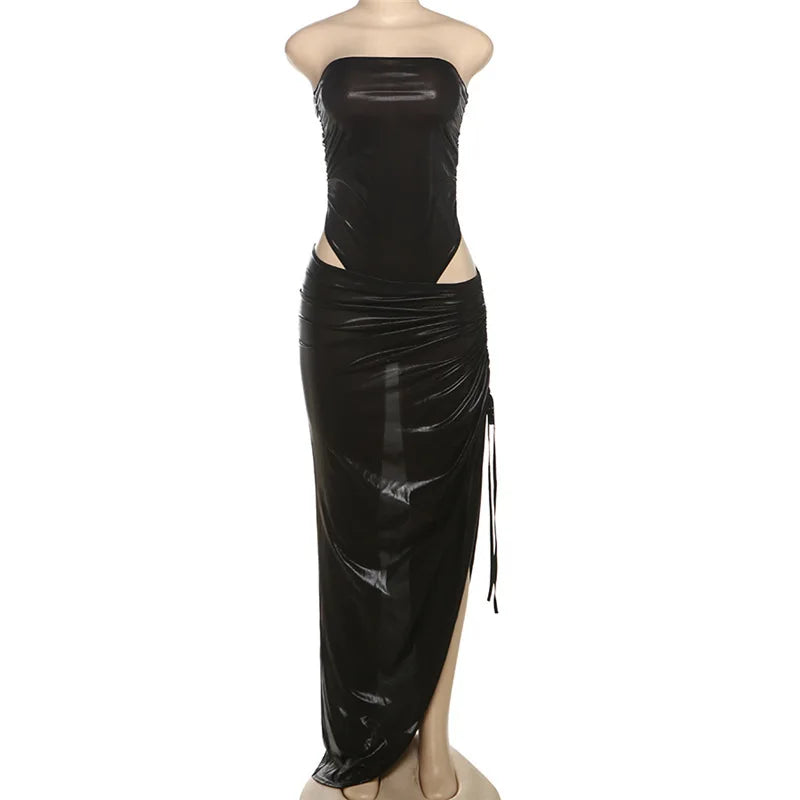 Black strapless drawstring skirt set with ruched details design on a mannequin against a white  background