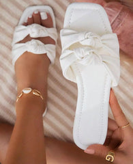 Open Toe Flat Slippers Square Head Bow Women Shoes