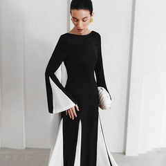 Black White Color Block Long Sleeve Maxi Dress