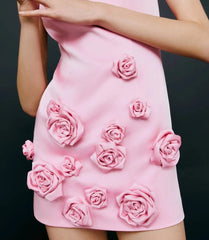 Women's Pink 3D Flower Sleeveless Round Neck Mini Dress