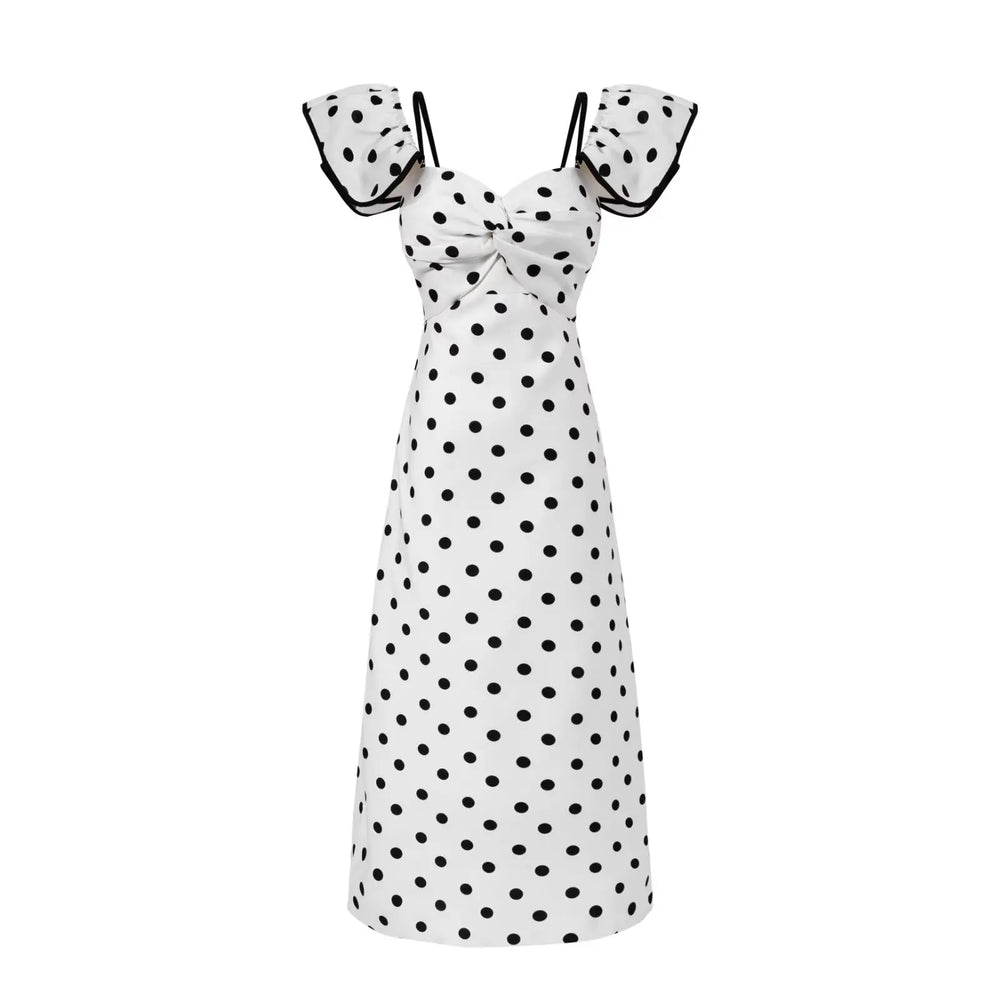White polka dot off-shoulder midi dress with ruched bodice