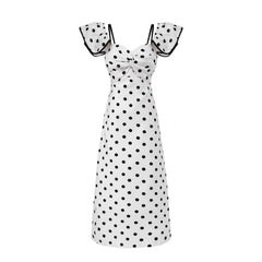 White polka dot off-shoulder midi dress with ruched bodice