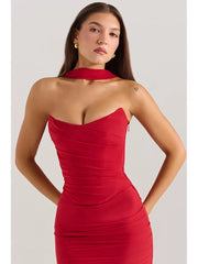 Red Corset Crop Top And Bodycon Maxi Skirt With Scarf Set