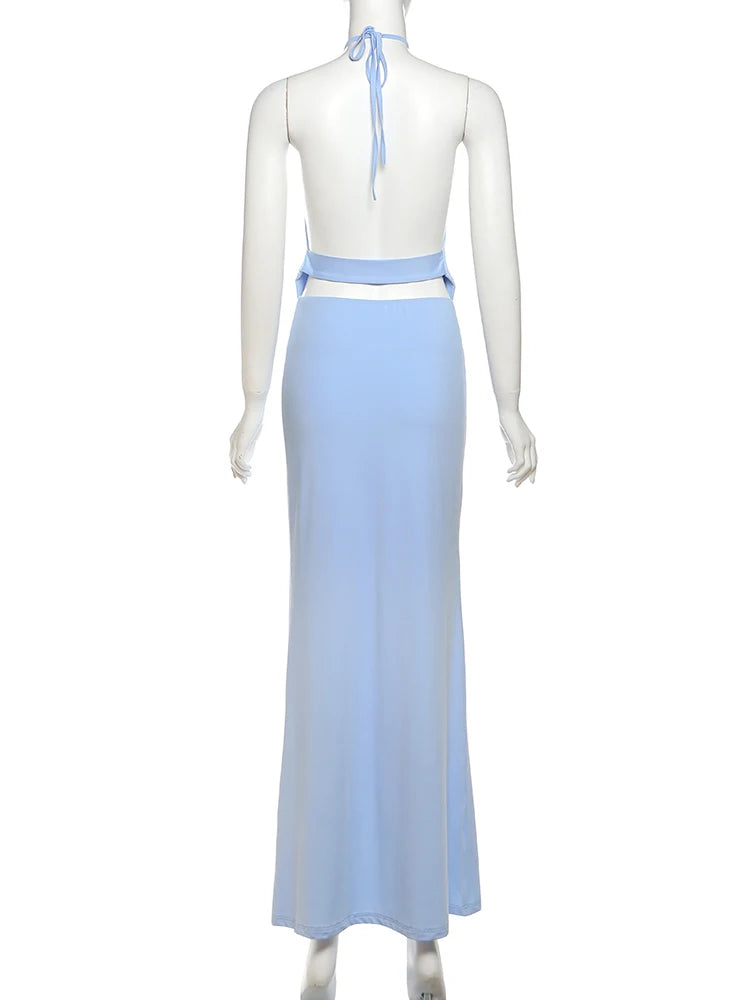 Light blue dress on a mannequin against a white background