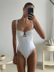 Cream lace trim bustier swimwear set selfie