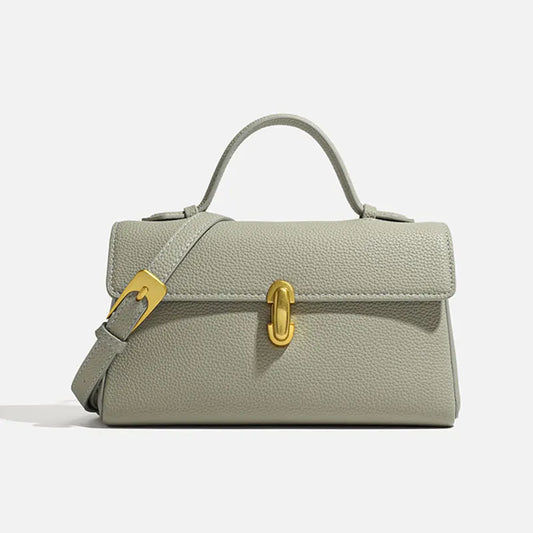 Grey genuine leather shoulder bag with gold-tone hardware