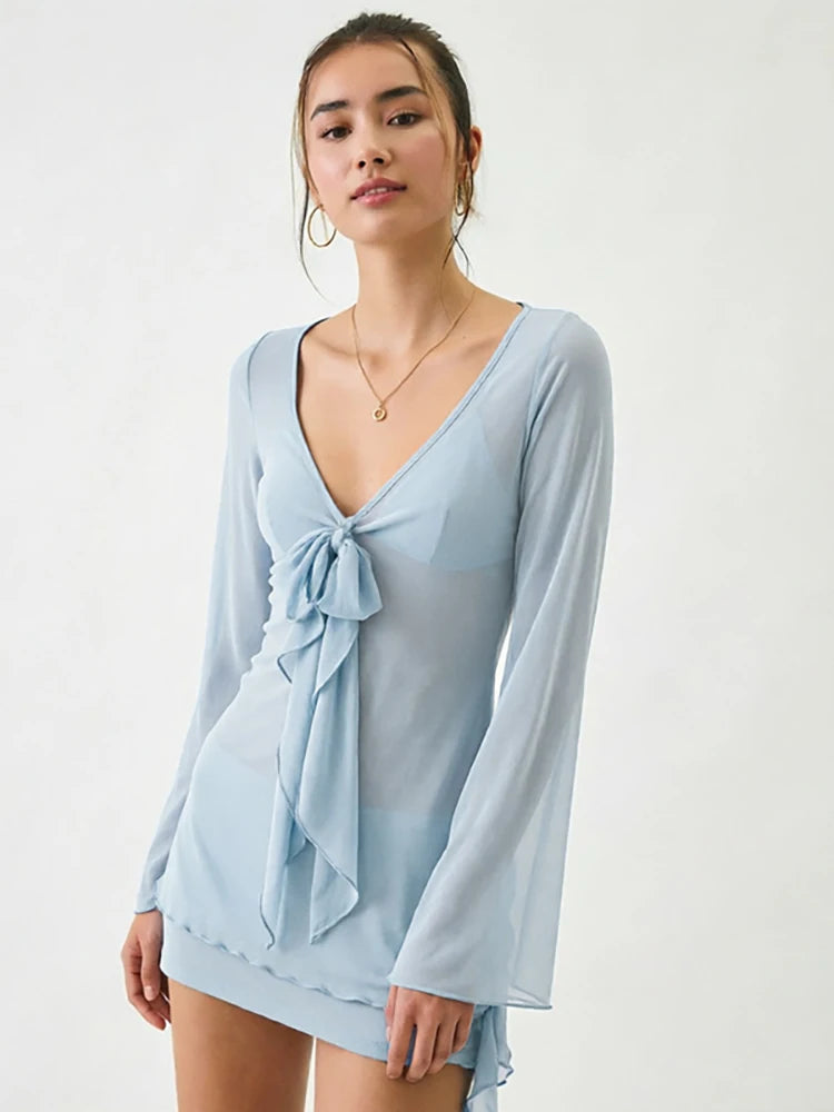 Blue sheer tie neck mesh top