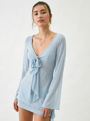 Blue sheer tie neck mesh top