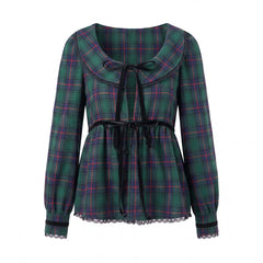 Plaid Peter Pan Collar Velvet Bow Peplum Top