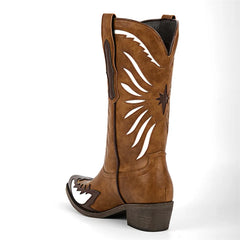 Rear view of a brown pointed toe cowgirl boot with white embroidery