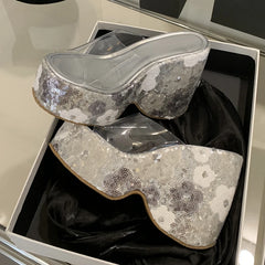 Floral Sequin Platform Wedge Sandals