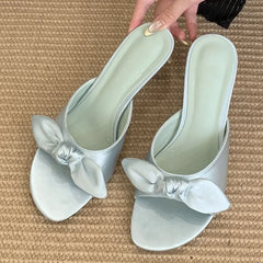 Light blue satin bow slide heels
