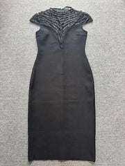 Mesh Yoke Sheath Dress with Beaded Embellishment and Cap Sleeves