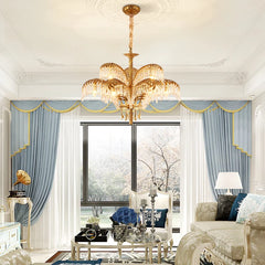 A magnificent Rococo crystal chandelier with brass and copper accents, hanging in a luxurious living room.  Golden Atelier 2