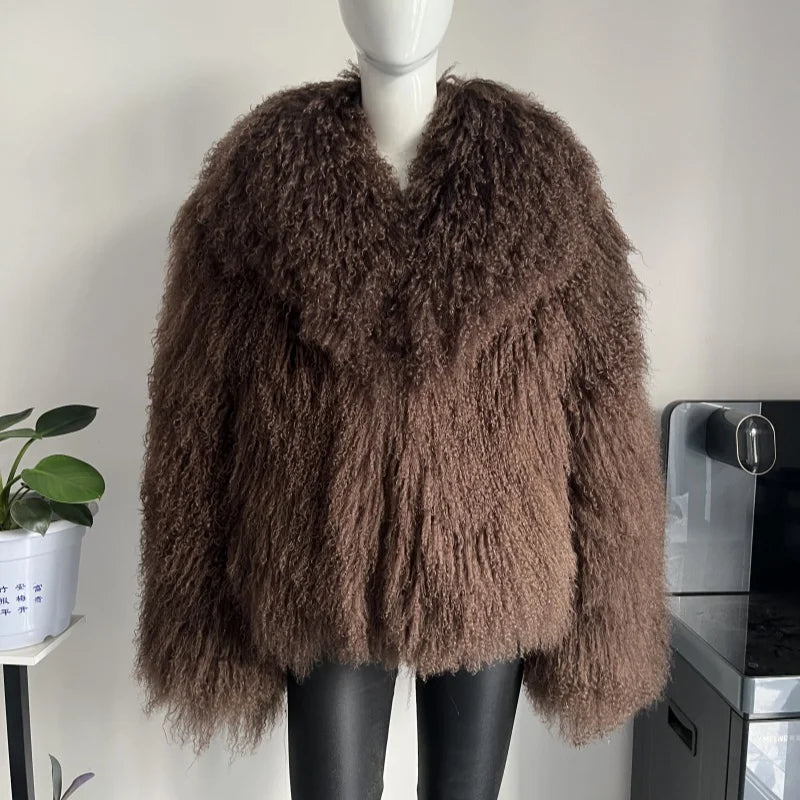 mongolian sheep fur cropped jacket