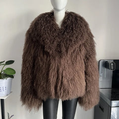mongolian sheep fur cropped jacket