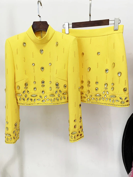 Yellow embellished stand collar cropped jacket and mini skirt set