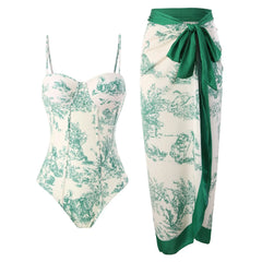 Bustier One-Piece Swimsuit and Wrap Skirt Set