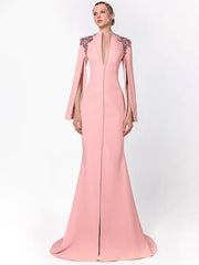 Pink buttoned v-neck maxi dress with jeweled shoulders and bell sleeves