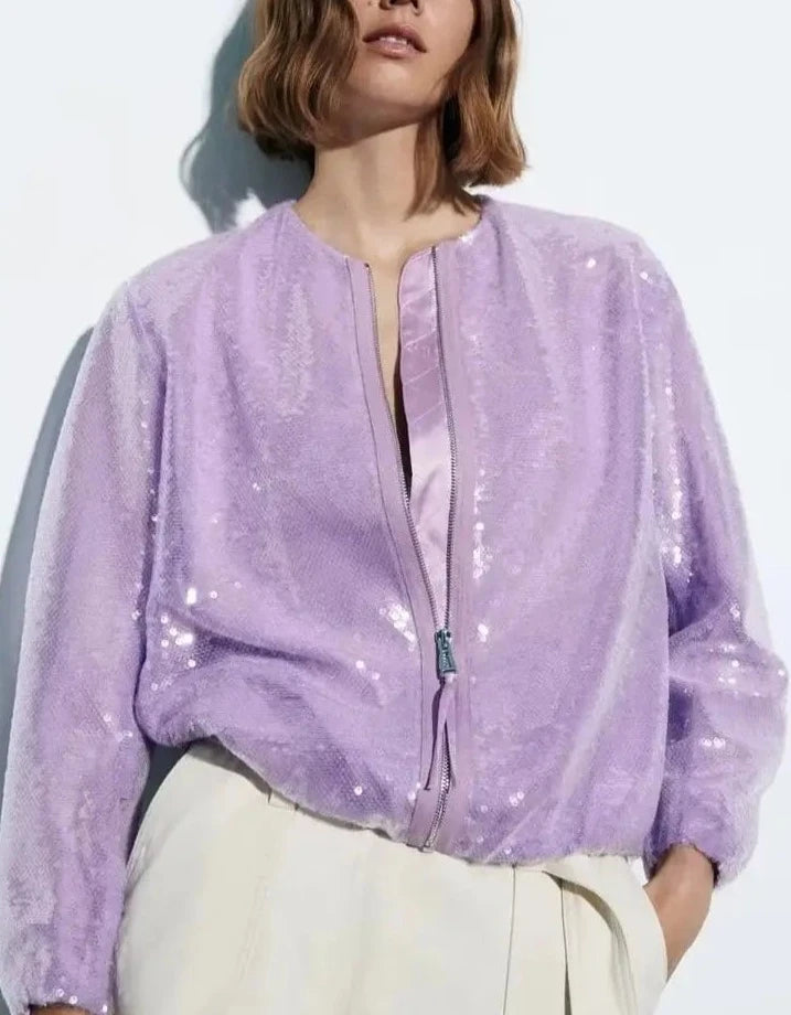 Sequin Round neck long sleeves Front pockets Jacket