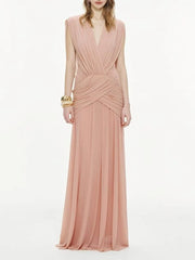 Full body view of V-neck draped maxi dress in blush pink