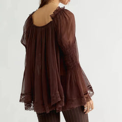 Sheer Chiffon Smocked Cuff Blouse