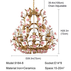 Decorative chandelier with pink roses and measurements on a white background