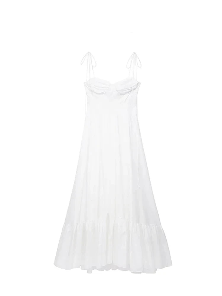 White Sling Sleeveless Open Back Lace-Up Zipper Long Dress