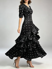 V-Neck Tiered Ruffle Polka Dot Maxi Dress
