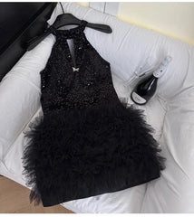 Sequined Halter Neck Ruffle Detail Mini Dress