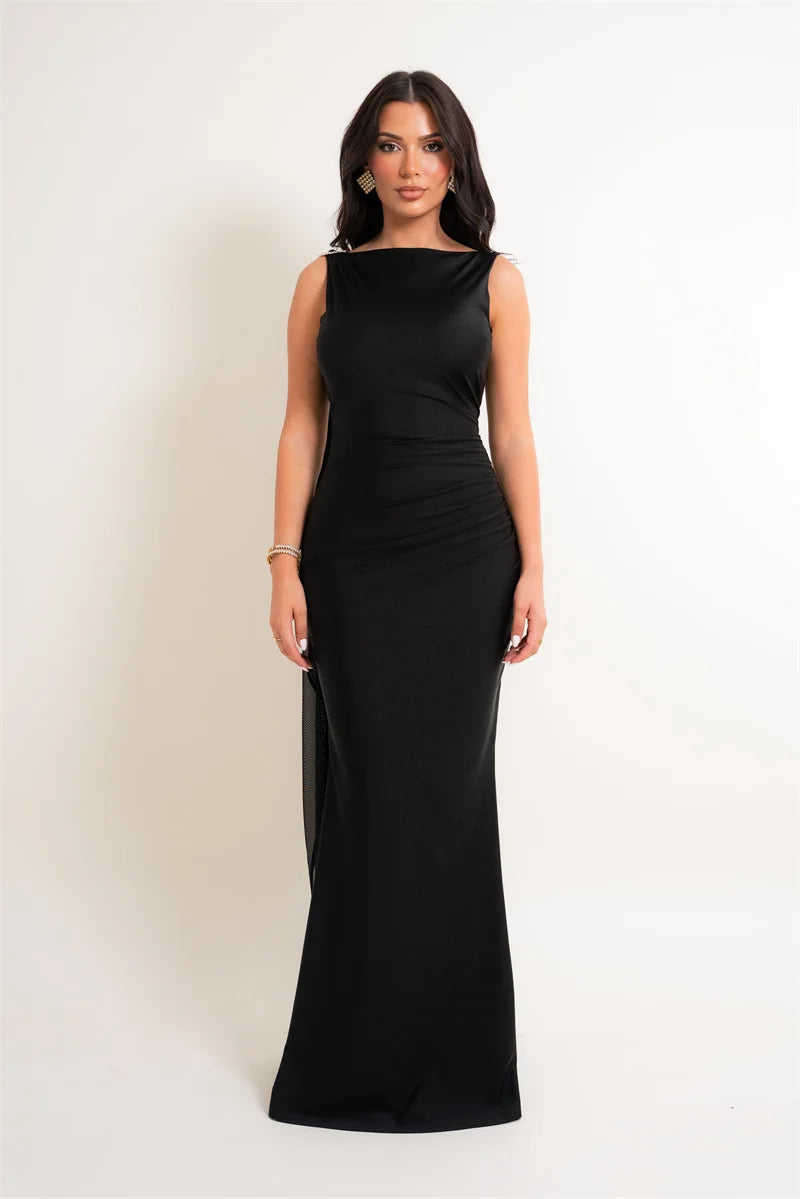 Draped one-shoulder maxi dress in coffee brown