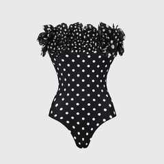 Off-the-Shoulder Ruffled Polka Dot One-Piece Swimsuit and Maxi Skirt Set