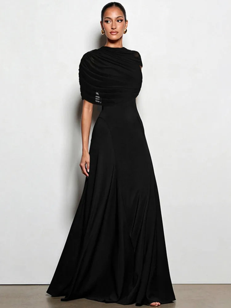Black draped mock neck maxi dress with short sleeves