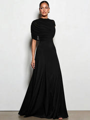 Black draped mock neck maxi dress with short sleeves