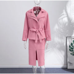 Pink Lapel Neck Belted Jacket with Slit Midi Skirt Two-Piece Set