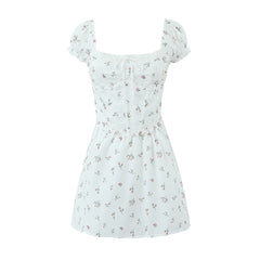 Flower Bow Corset Lacing up Back Puff Sleeve Mini Dress