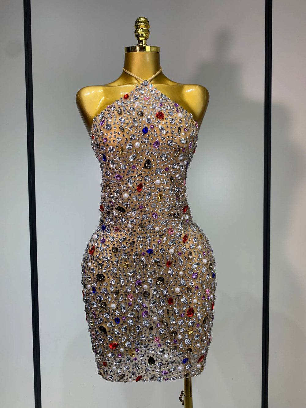 Halter neck sleeveless mini crystal embellished mesh dress front view