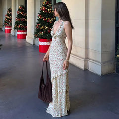 Floral Print Draped V Neck Maxi Dress