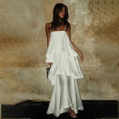 Elegant solid patchwork spaghetti strap maxi dress.