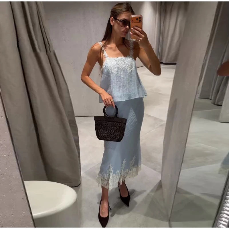 Blue lace trim tank top and maxi skirt set