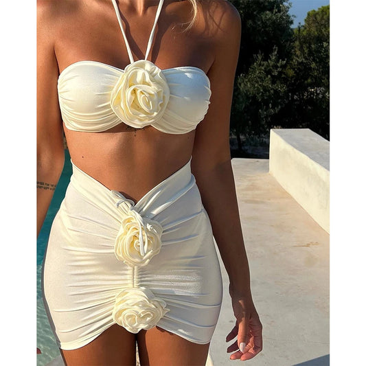 Close-up of textured bikini with floral applique