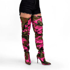 Pointed toe thigh high boots with camouflage print