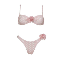 Pink Polka Dot Swimwear Set with Flower Accent